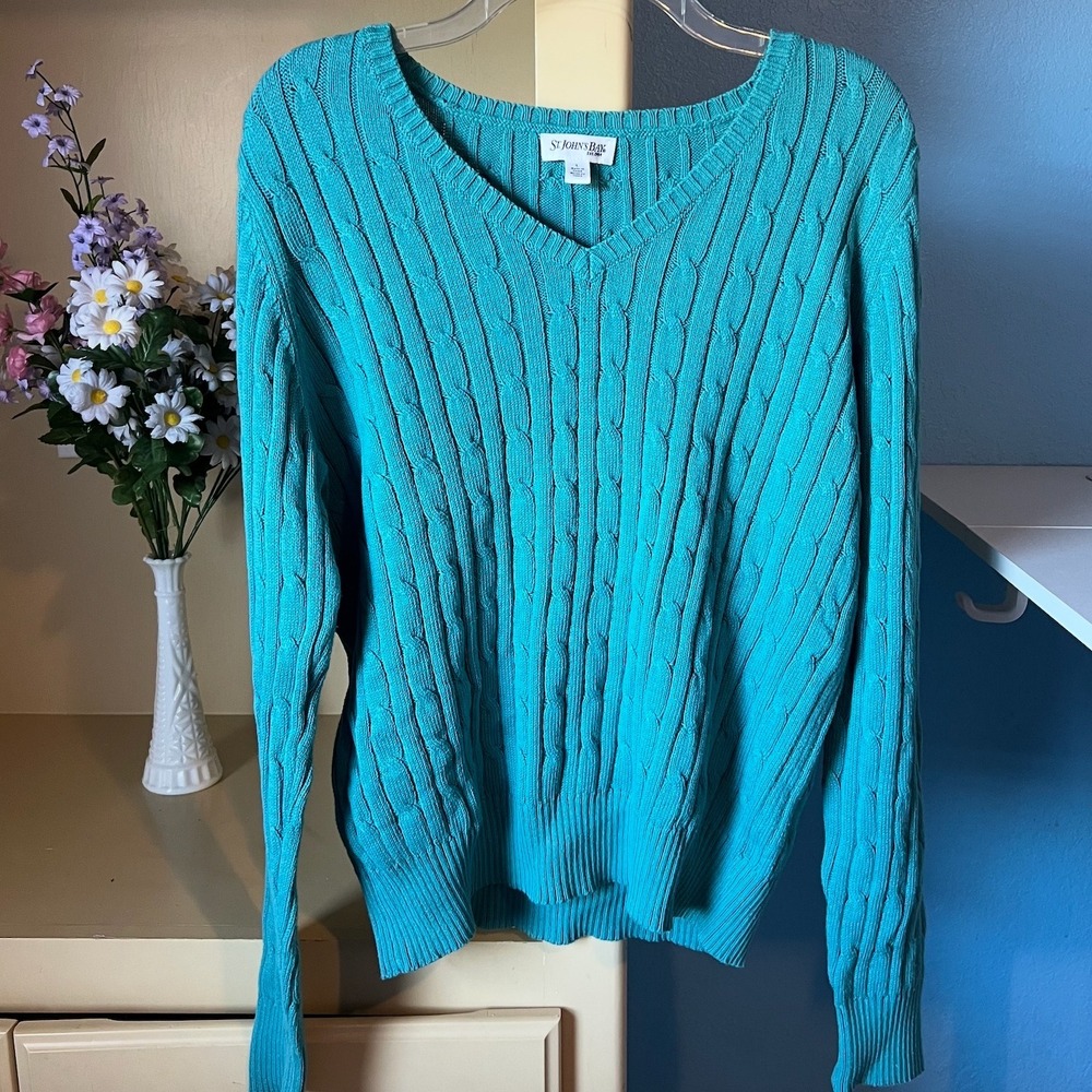 St Johns Bay Womens Cableknit V Neck Sweater L Teal Blue Preppy Fisherman Work